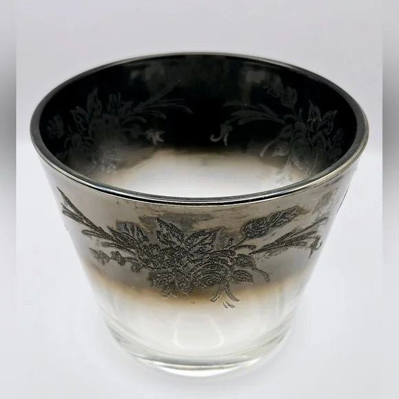 Vintage Silver Ombre Glass Ice Bucket Floral Etched w Tongs MCM Style - Picture 7 of 8